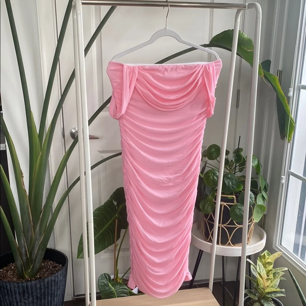 Pink Ruched Strapless Midi Dress Bodycon Off Shoulder Party Date Night L - Picture 5 of 6